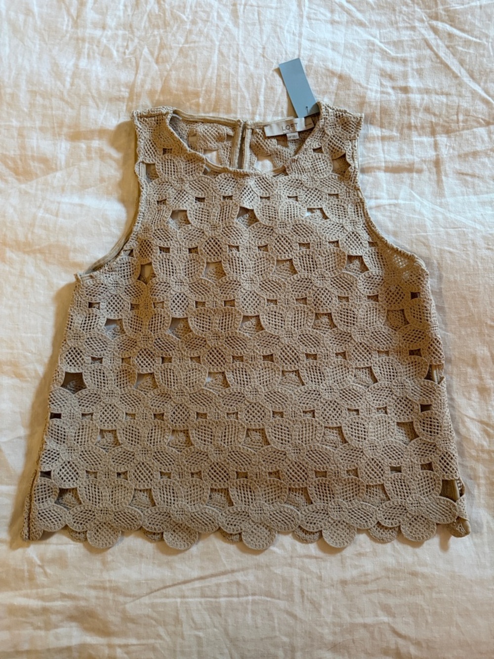 LOFT Taupe Crochet Tank Top quiet luxury resort vacation wear